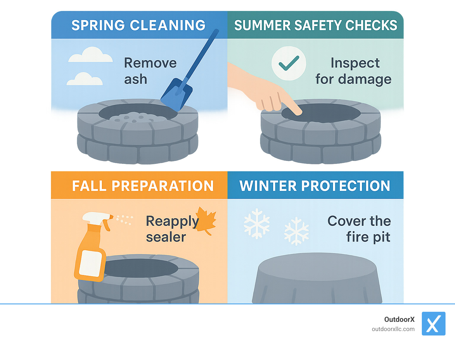 Maintenance checklist infographic showing seasonal fire pit care tasks: spring cleaning, summer safety checks, fall preparation, winter protection - building a rock fire pit infographic 