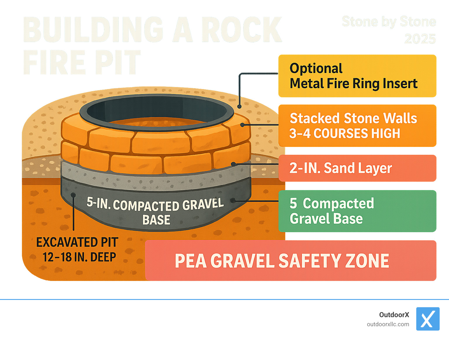 Detailed infographic showing cross-section of rock fire pit construction with labeled components: excavated pit 12-18 inches deep, 5-inch compacted gravel base, 2-inch sand layer, stacked stone walls 3-4 courses high with staggered joints, optional metal fire ring insert, and surrounding pea gravel safety zone - building a rock fire pit infographic 