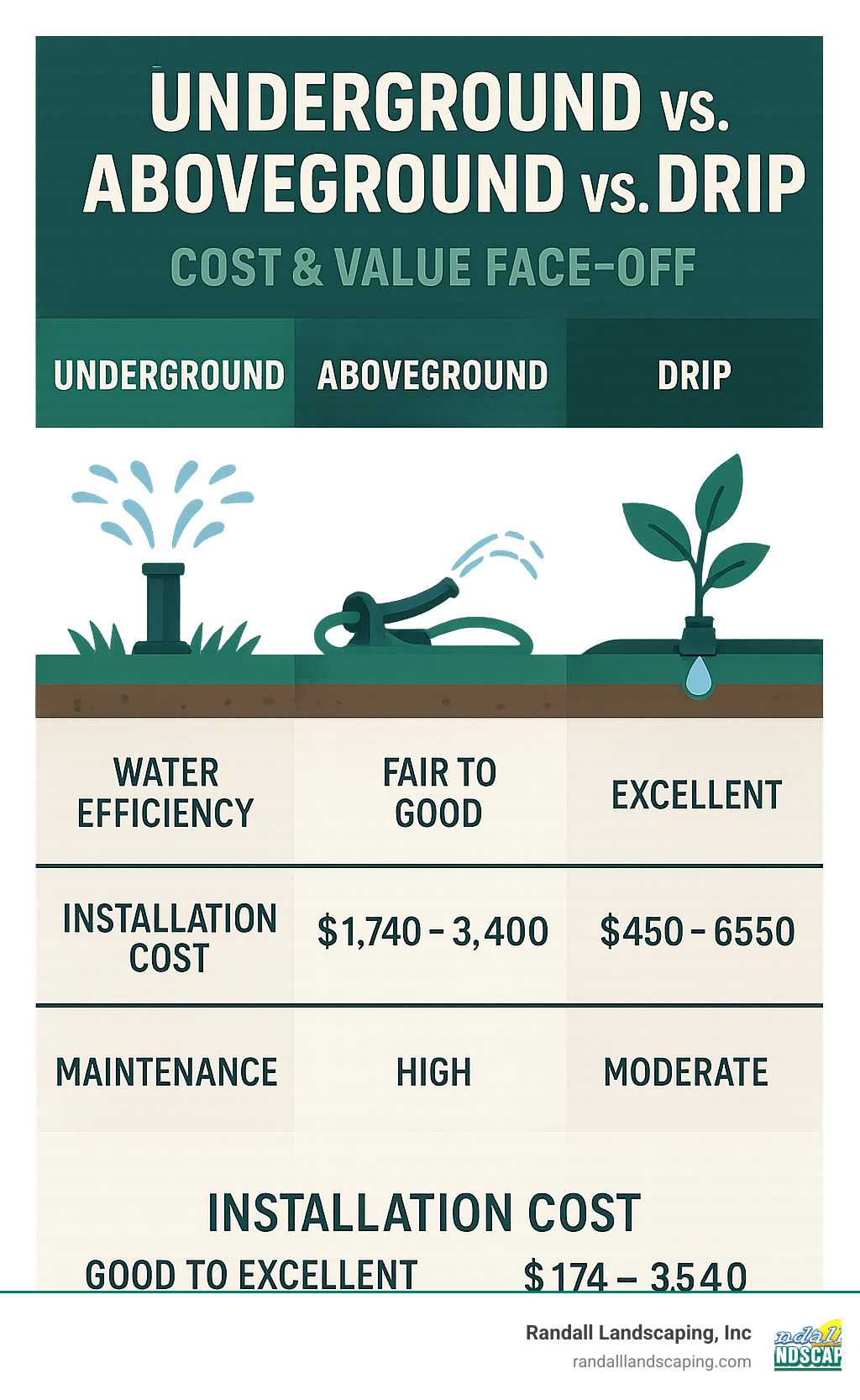 Comparison infographic showing water efficiency, installation costs, and maintenance requirements for underground, aboveground, and drip irrigation systems - underground water sprinkler system cost infographic 