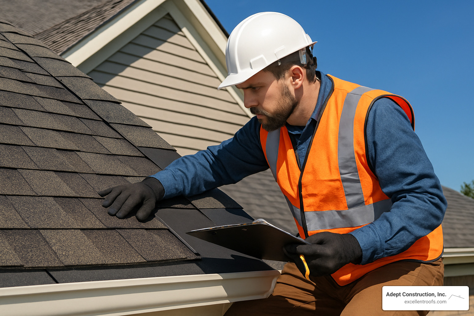 Certified roofing inspector examining shingles and flashing on a residential roof - residential roofing services
