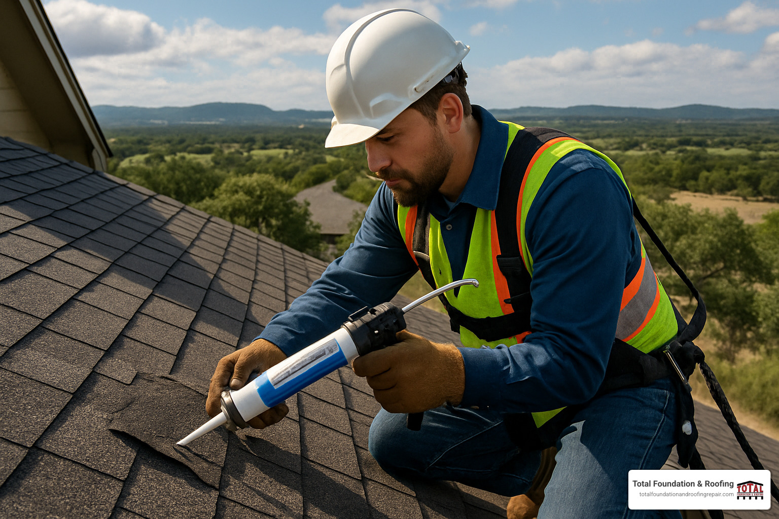 technician sealing damaged shingle on residential roof - same day roof repair
