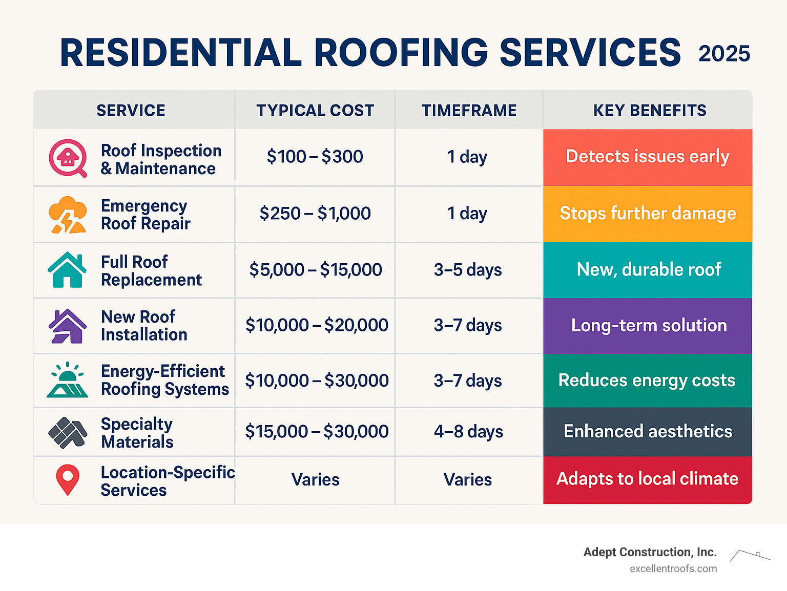 Comprehensive comparison chart showing the 7 main residential roofing services with their typical costs, timelines, and key benefits including roof inspection and maintenance, emergency repairs, full replacement, new installation, energy-efficient systems, specialty materials, and location-specific services - residential roofing services infographic
