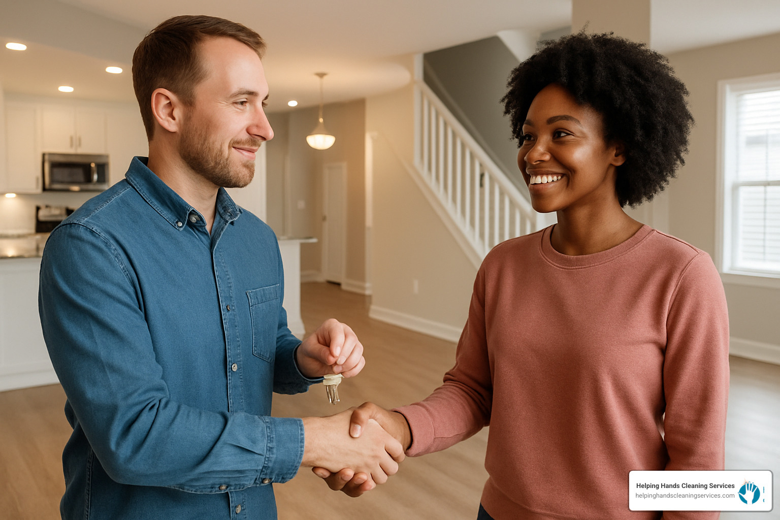 Handshake in front of gleaming empty home between tenant and landlord - Move out cleaning Glen Ellyn