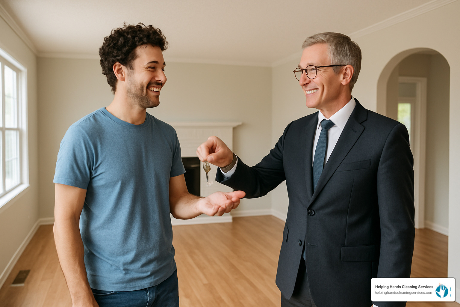 Happy tenant handing over keys to landlord in front of spotless, empty home - Move out cleaning Glen Ellyn