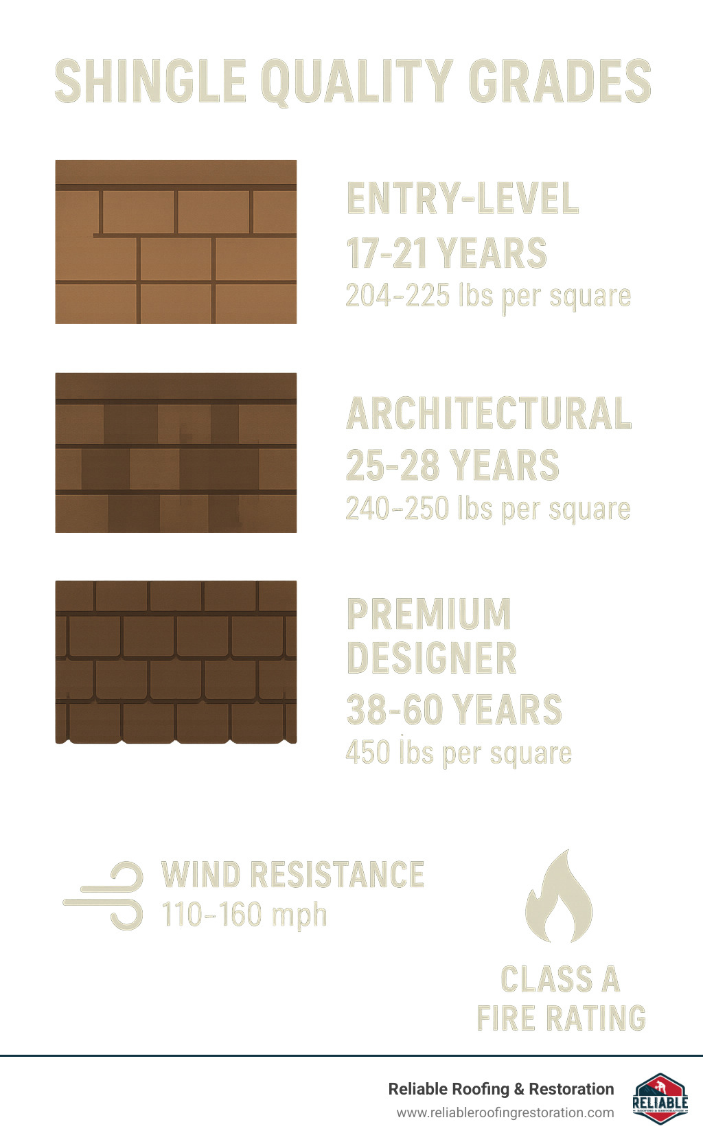 Roofing Royalty – Comparing the Best High-Quality Shingle Brands 1 Infographic showing shingle quality grades with entry-level 3-tab shingles lasting 17-21 years at 204-225 pounds per square, architectural shingles lasting 25-28 years at 240-250 pounds per square, and premium designer shingles lasting 38-60 years at 450 pounds per square, with wind resistance ratings from 110-160 mph and Class A fire ratings - high quality roof shingles infographic