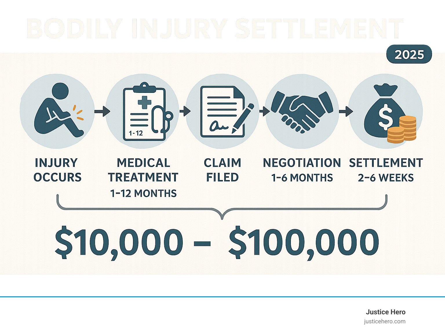 Comprehensive infographic showing the bodily injury settlement process from injury occurrence through final payment, including key stages like medical treatment, claim filing, negotiation, and settlement disbursement with average timelines and payout ranges - bodily injury settlement infographic 