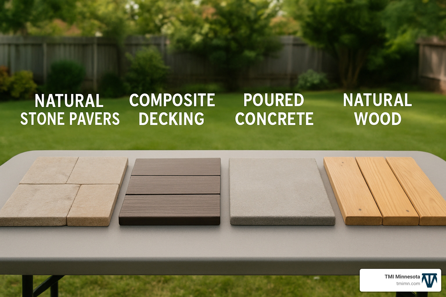 comparison of different patio materials including stone pavers, composite decking, concrete, and natural wood samples - patio design services