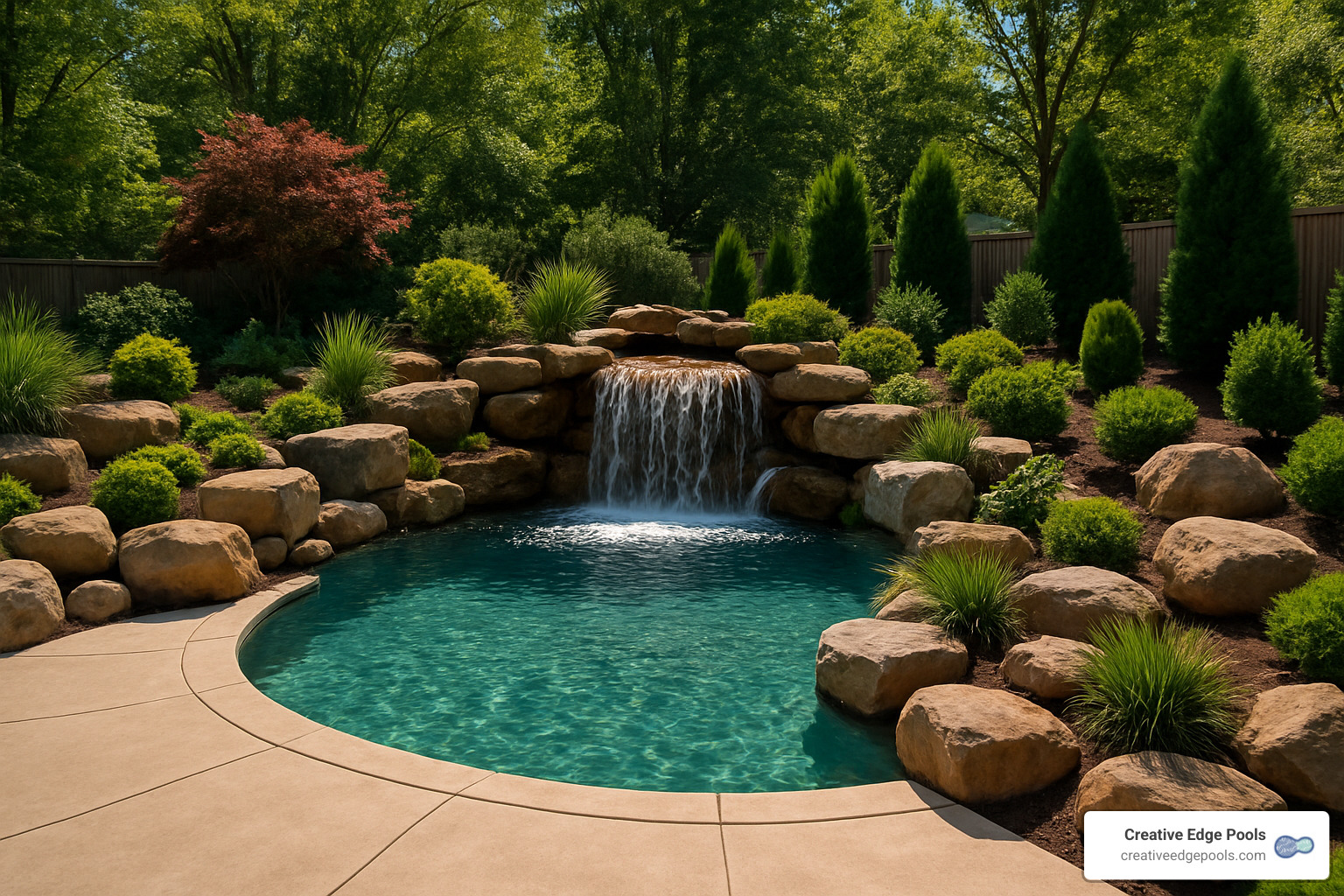 Rock waterfall feature beside swimming pool with natural stone landscaping - Landscaping Rocks Around Pool