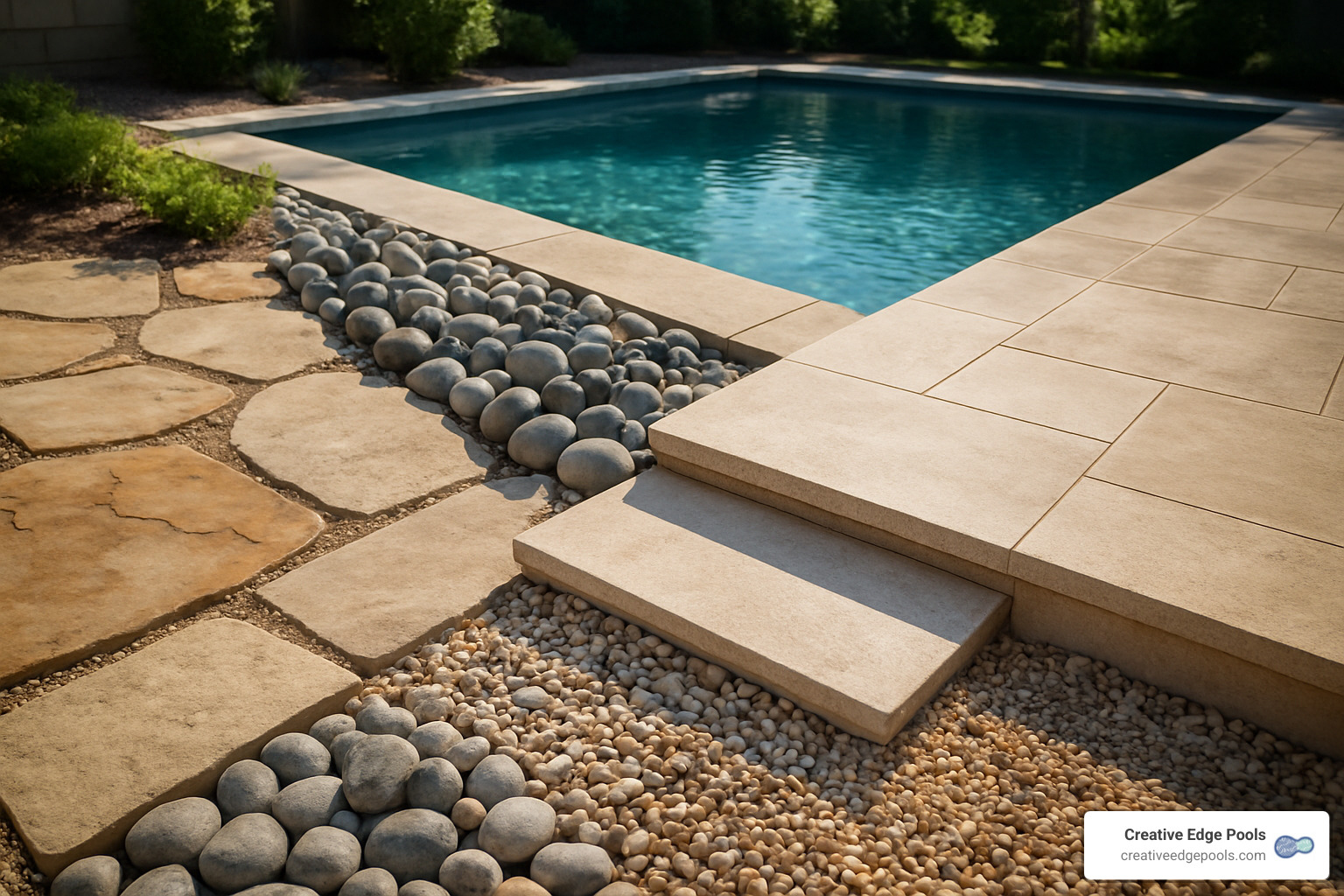 Various rock types suitable for pool landscaping including flagstone, travertine, river rocks, and pea gravel - Landscaping Rocks Around Pool