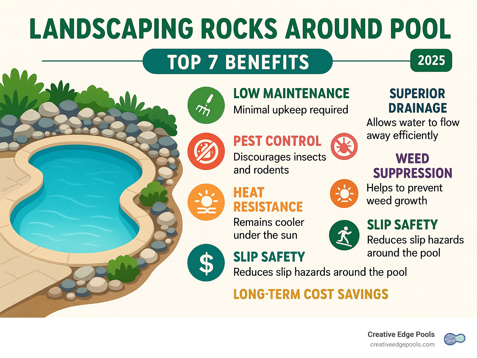 Infographic showing top 7 benefits of landscaping rocks around pools including low maintenance, superior drainage, pest control, weed suppression, heat resistance, slip safety, and long-term cost savings compared to mulch - Landscaping Rocks Around Pool infographic 