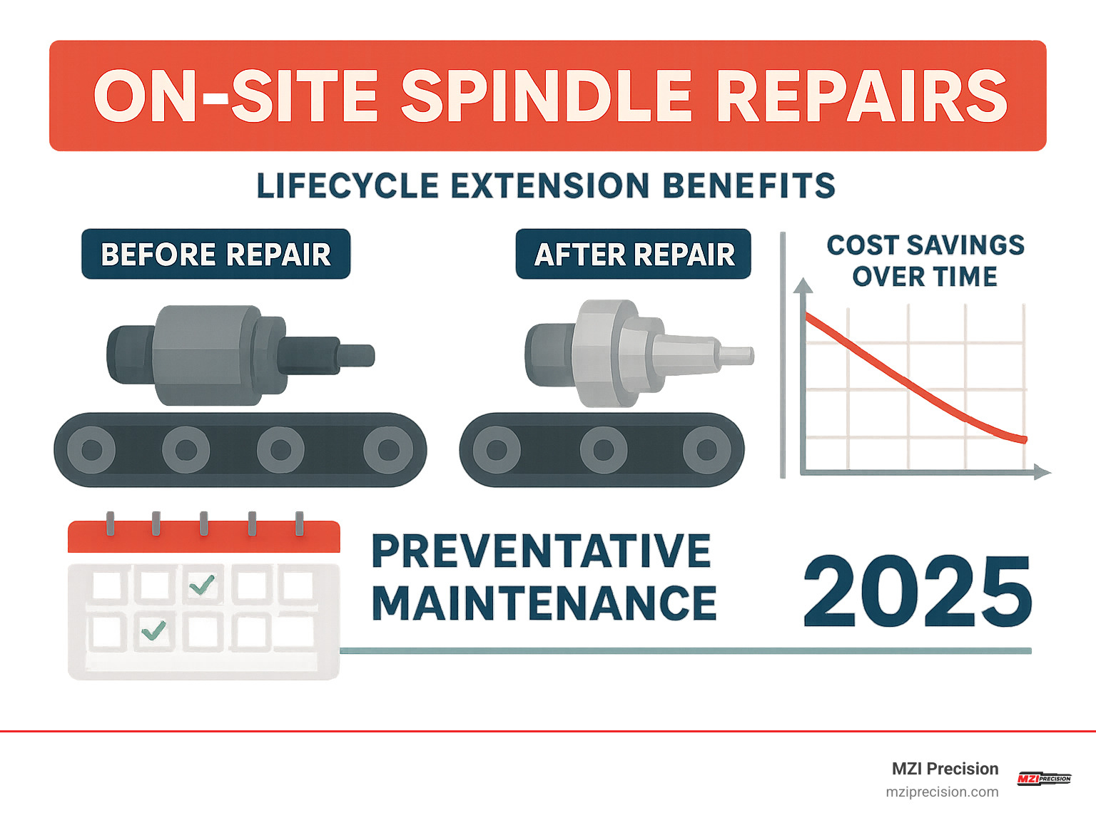 Comprehensive infographic displaying the lifecycle extension benefits of on-site spindle repairs, showing before and after performance metrics, cost savings over time, and preventative maintenance scheduling recommendations - on site spindle repairs infographic 