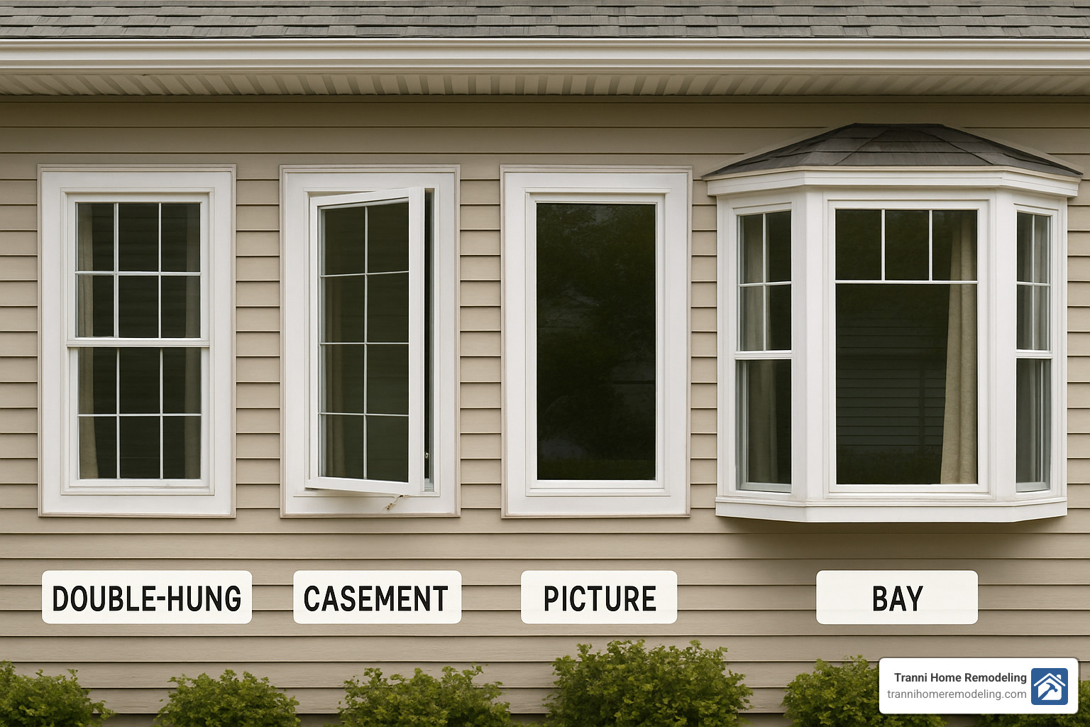 Different window types and styles displayed side by side showing double-hung, casement, picture, and bay window options - local window replacement contractors