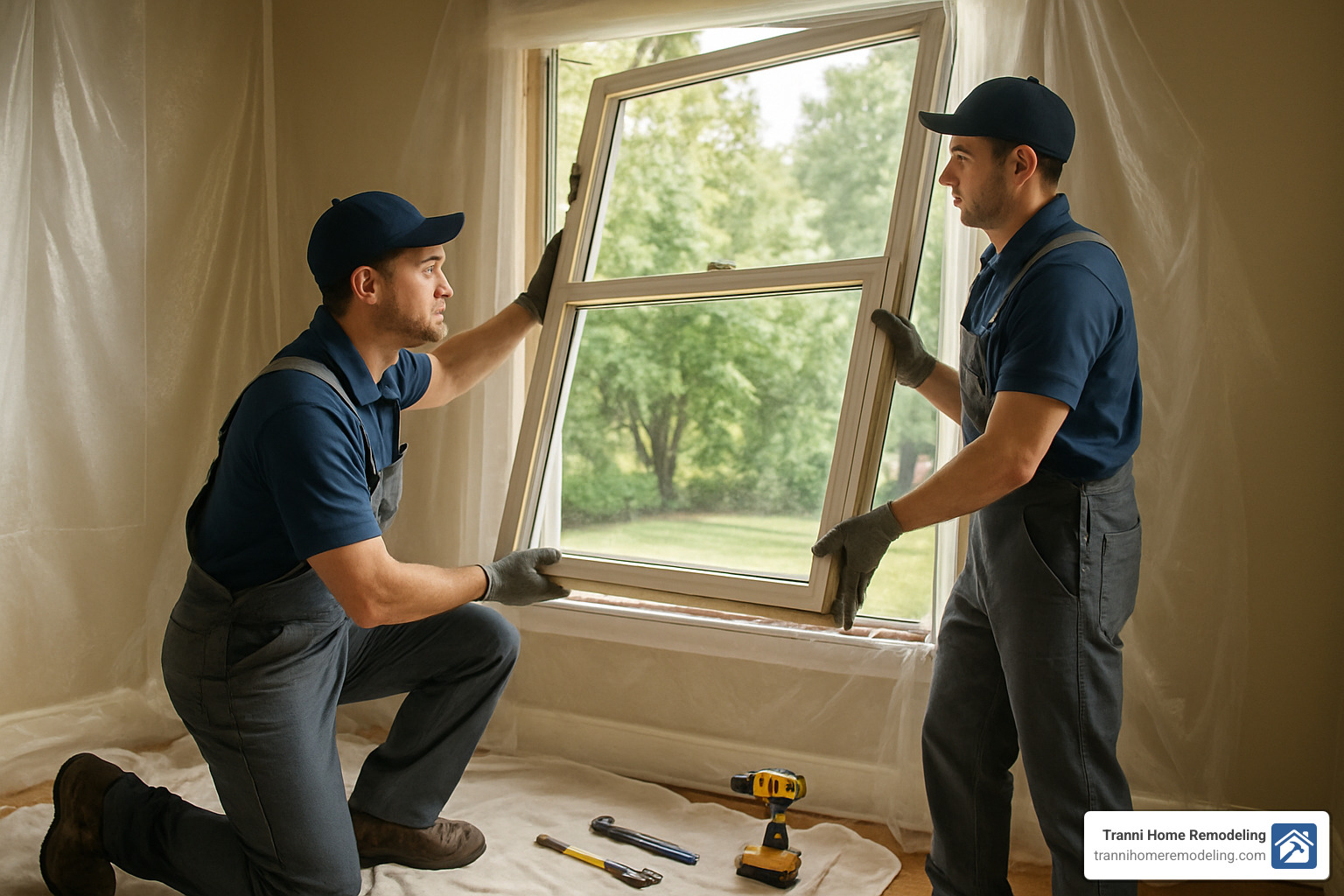 Professional installers carefully removing old window while protecting surrounding trim and flooring - local window replacement contractors