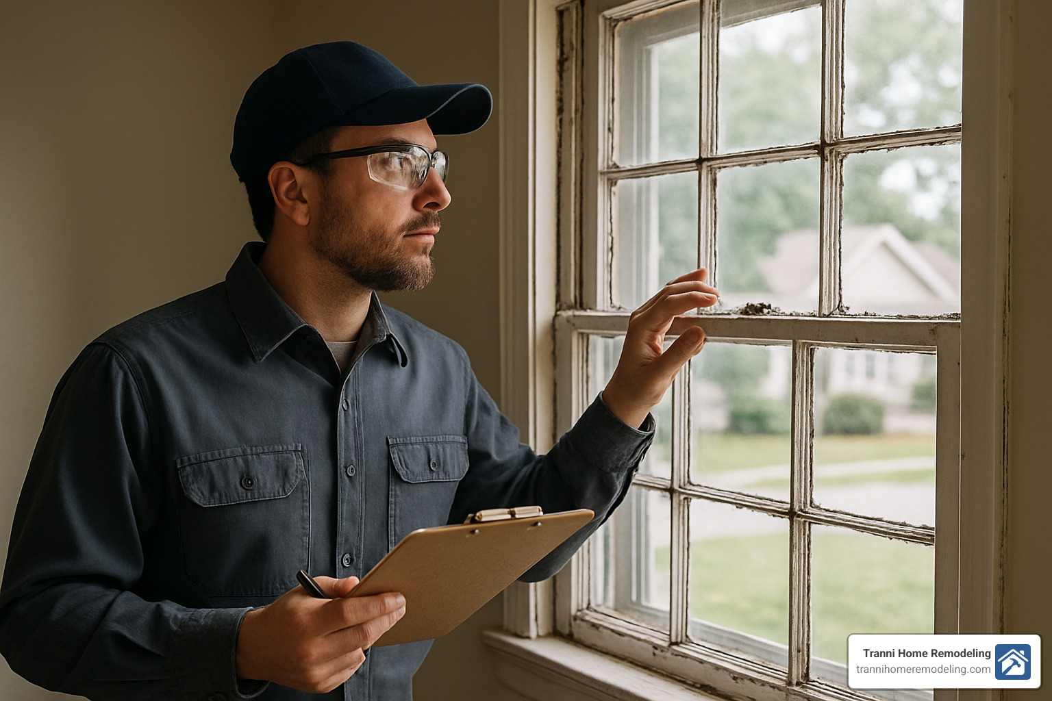 Professional contractor carefully examining old windows during initial assessment - local window replacement contractors