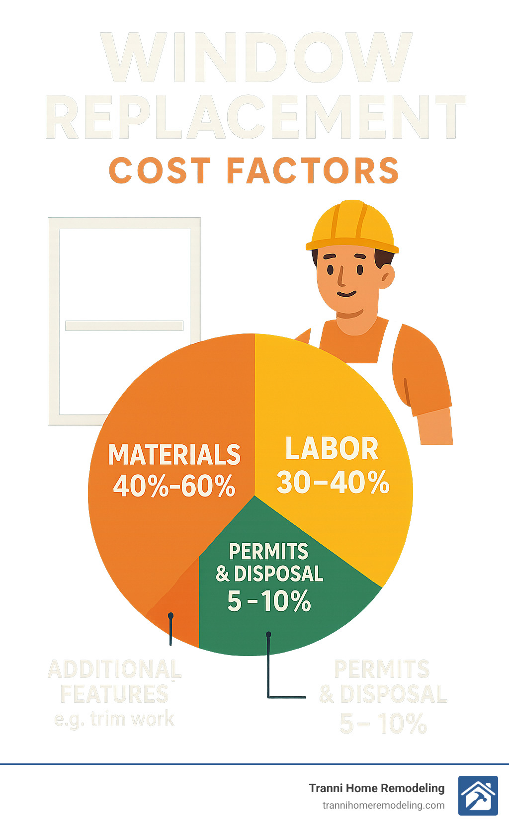 Infographic breaking down window replacement cost factors including materials (40-60%), labor (30-40%), permits and disposal (5-10%), and additional features like trim work (5-15%) - local window replacement contractors infographic 
