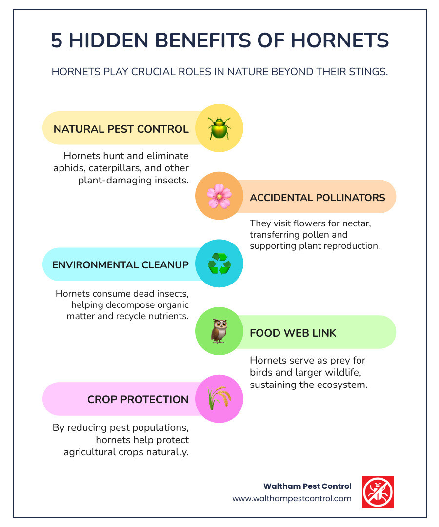 Infographic showing 5 key benefits of hornets: natural pest control eliminating thousands of garden pests, accidental pollination supporting plant reproduction, environmental cleanup recycling dead insects into soil nutrients, food web support feeding birds and wildlife, and agricultural protection reducing crop damage from harmful insects - do hornets do anything good infographic infographic-line-5-steps-colors