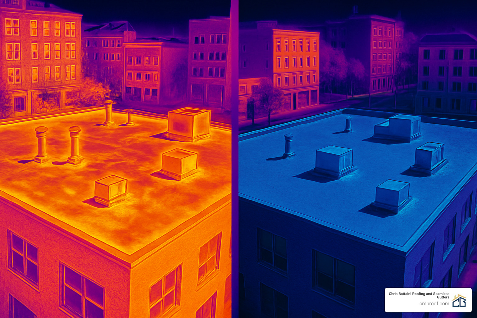 thermal camera images showing before and after coating application - commercial roof coatings as a solution for ponding water