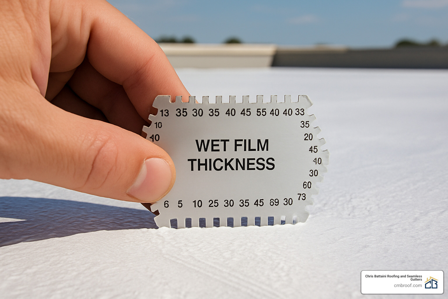 close-up of millage gauge measuring coating thickness - commercial roof coatings as a solution for ponding water