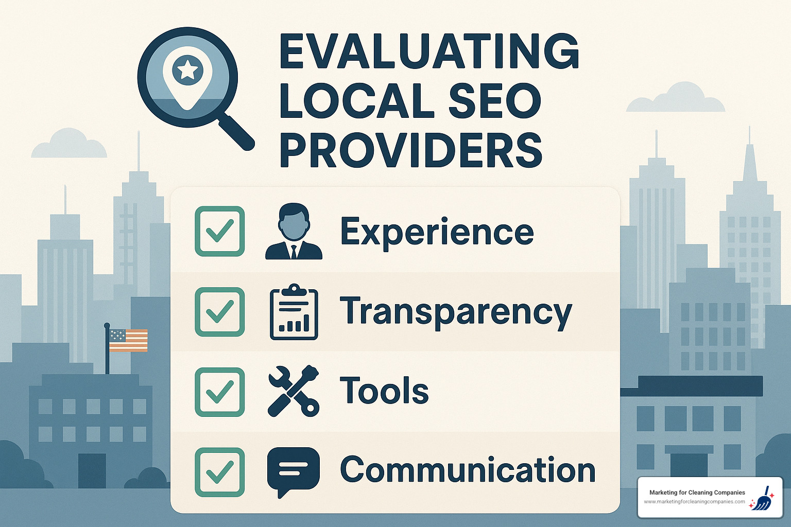 Checklist infographic showing key criteria for evaluating local SEO providers, including experience, transparency, tools, and communication - local seo raleigh