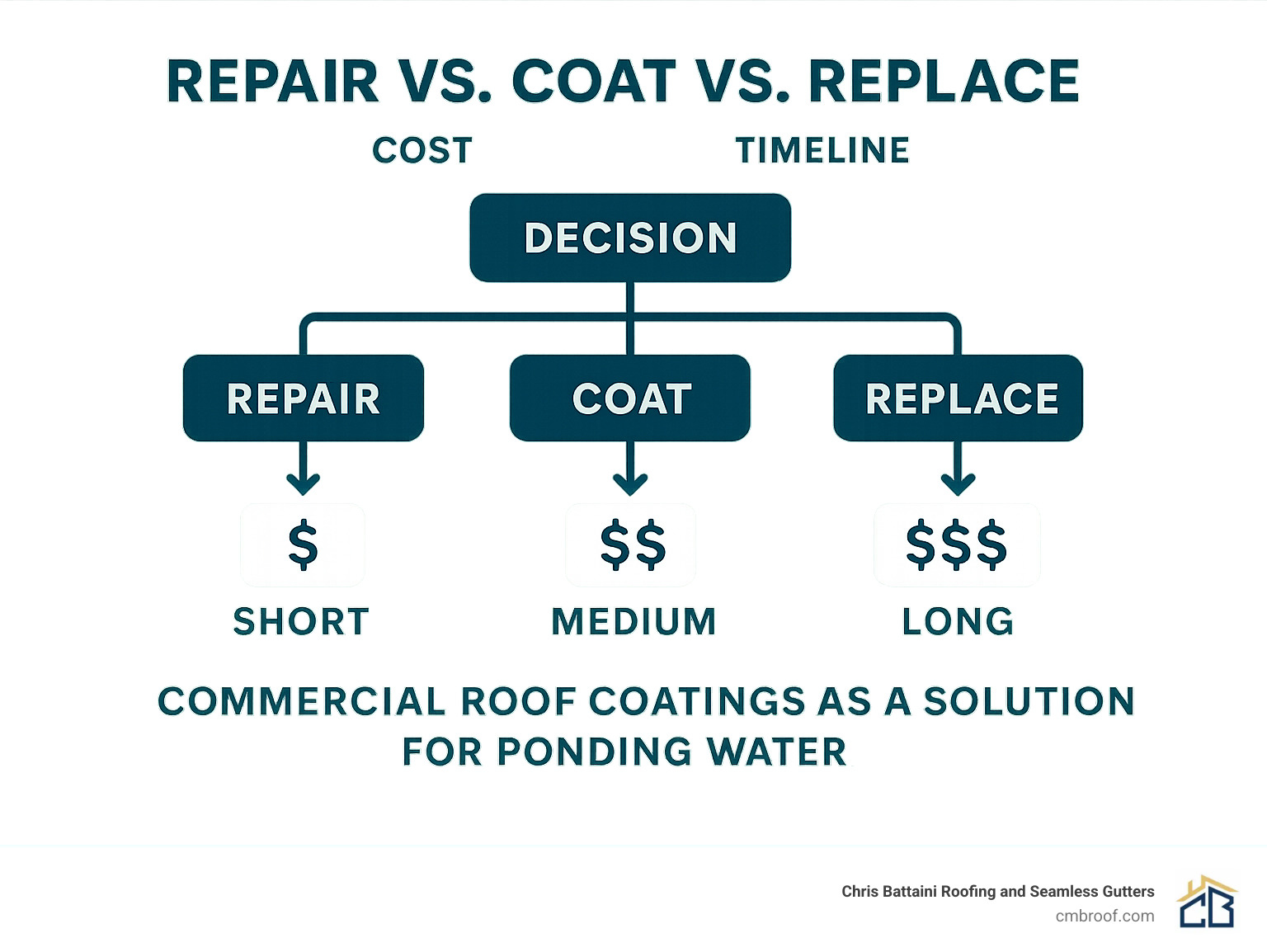 Infographic showing decision tree for repair vs coat vs replace options, with cost comparisons and timeline expectations for each approach - commercial roof coatings as a solution for ponding water infographic 