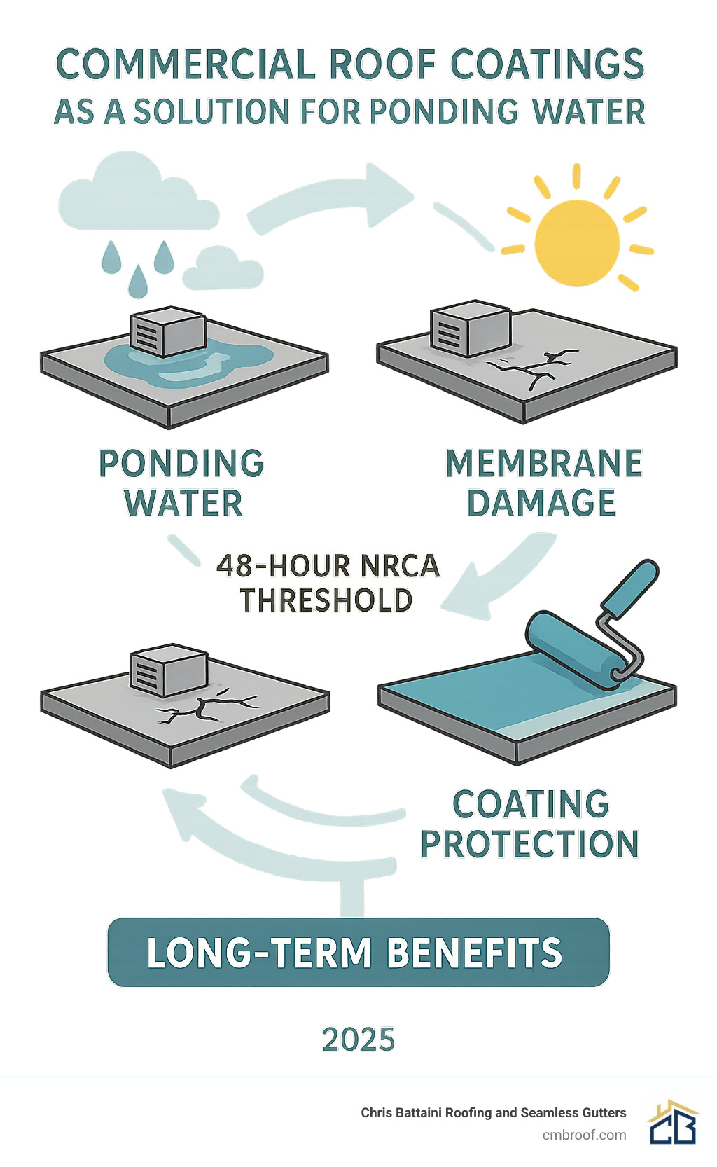 Infographic showing the ponding water cycle on commercial roofs, from initial water accumulation through membrane damage to coating protection, with timeline showing 48-hour NRCA threshold and long-term benefits of coating solutions - commercial roof coatings as a solution for ponding water infographic 
