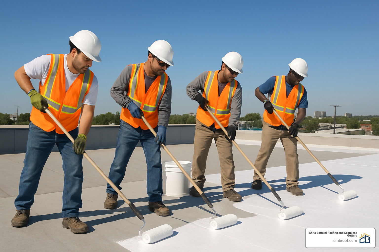 crew applying roof coating with rollers - commercial roof coatings as a solution for ponding water