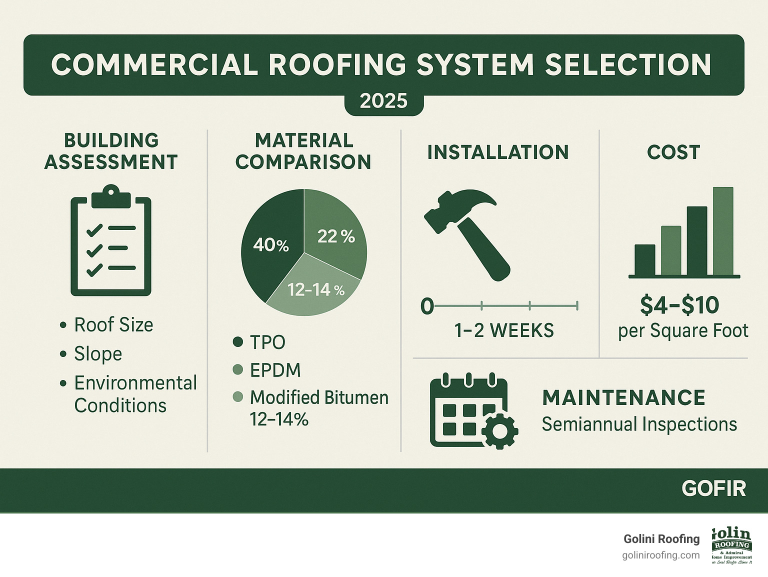 Detailed infographic showing commercial roofing system selection process including building assessment, material comparison chart with TPO EPDM and modified bitumen market shares, installation timeline, maintenance schedule, and cost breakdown ranges - commercial roofing resources infographic