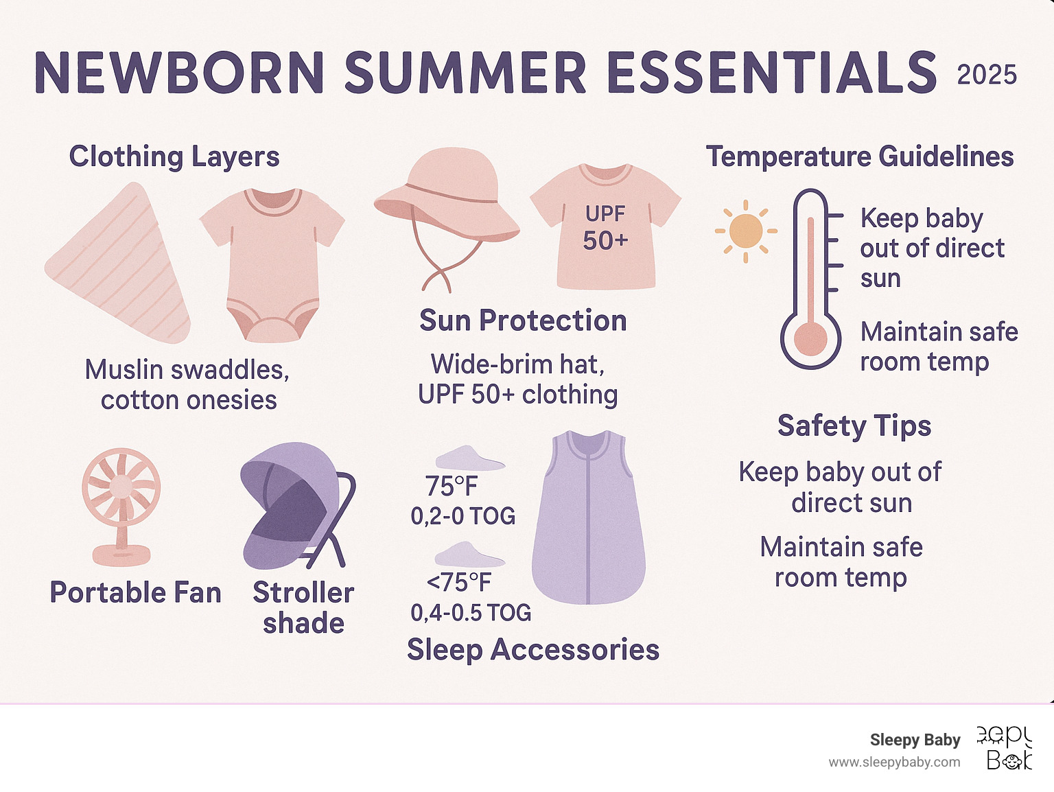 Comprehensive newborn summer essentials checklist showing clothing layers, sun protection items, cooling gear, and sleep accessories with temperature guidelines and safety tips - newborn summer essentials infographic 