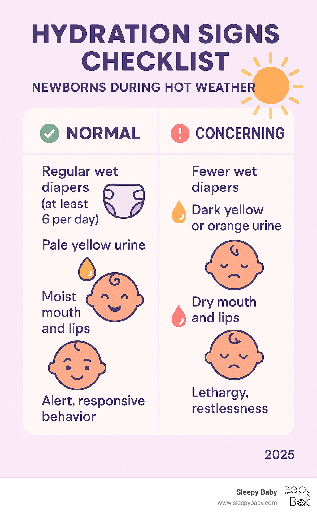 Hydration signs checklist showing normal vs concerning symptoms in newborns during hot weather - newborn summer essentials infographic 