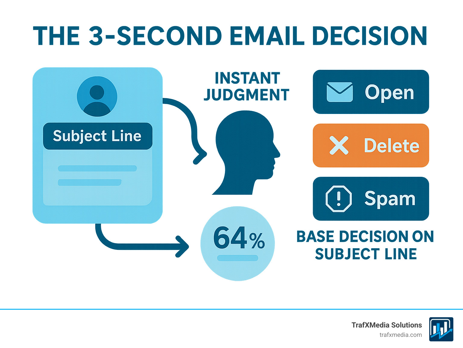 Infographic showing the 3-second email decision process: recipient sees sender name and subject line, makes instant judgment based on relevance and curiosity, then either opens, deletes, or marks as spam, with statistics showing 64% base decision on subject line alone - effective email subject lines infographic 