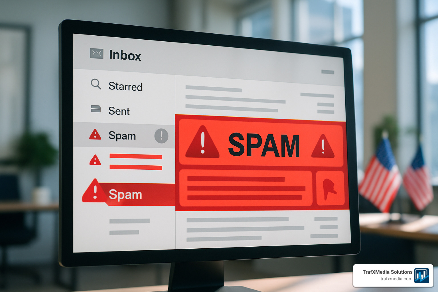 Email in spam folder with warning signs and red flags - effective email subject lines