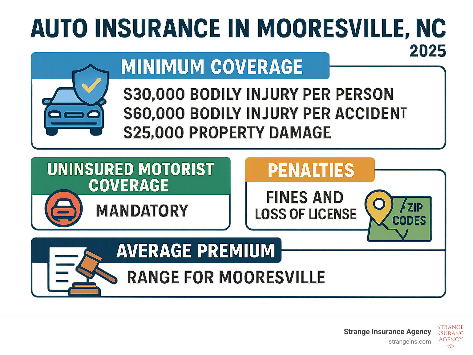 ff538bed6c5888a19238d66d23255deea75ff0b5 Steer Clear of Trouble with the Best Auto Insurance in Mooresville, NC Compare rates, coverage, and tips for the best auto insurance in mooresville nc. Save money and stay protected on local roads today! Infographic showing North Carolina minimum auto insurance requirements with $30,000 bodily injury per person, $60,000 bodily injury per accident, $25,000 property damage, plus mandatory uninsured motorist coverage, penalties for non-compliance, and average premium ranges for Mooresville ZIP codes - auto insurance in mooresville nc infographic