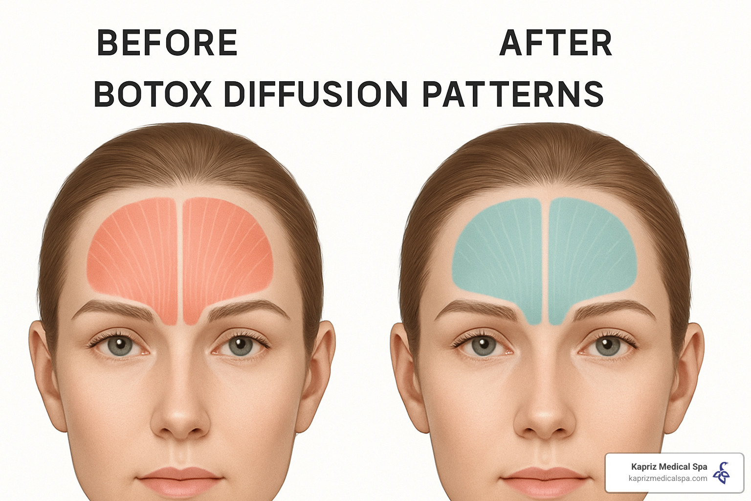 Before and after comparison showing proper vs improper Botox diffusion patterns with overlay showing affected muscle areas - how many botox units in 1 ml syringe
