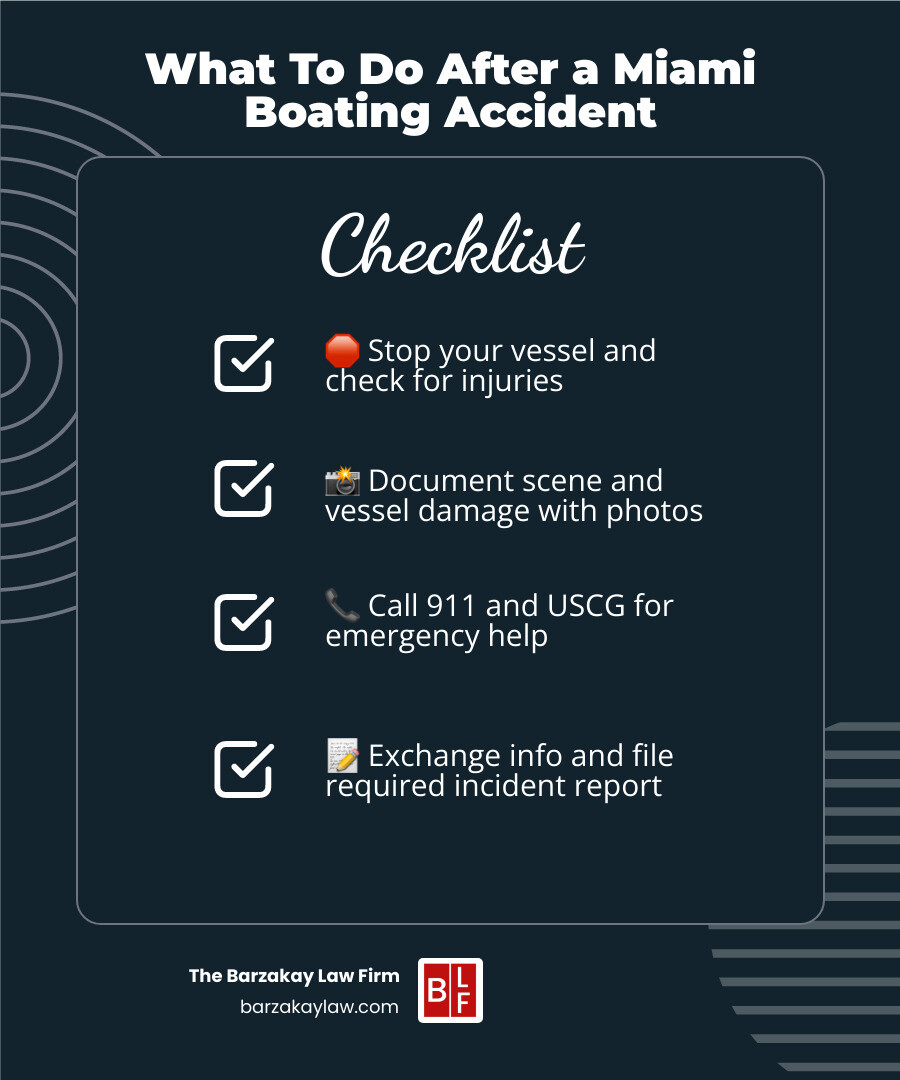 Post-accident checklist infographic showing steps: stop vessel, render aid, call 911, document scene, exchange information, file reports, contact attorney - boating accident attorney in miami infographic checklist-dark-blue