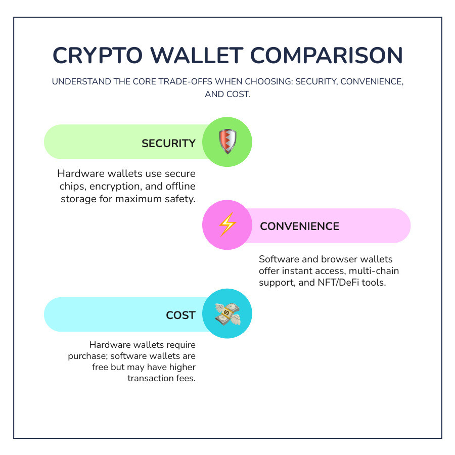 Infographic comparing security, convenience, and cost factors across different wallet types, showing the trade-offs between hardware, software, and custodial solutions - crypto wallet infographic infographic-line-3-steps-colors