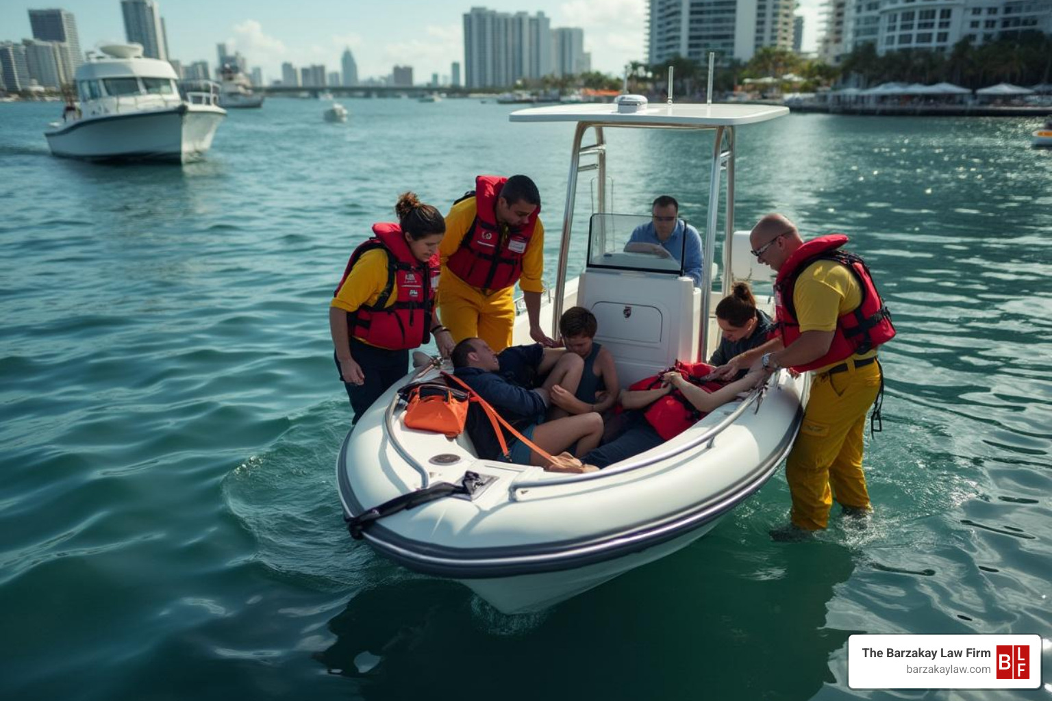 first aid and emergency response scene on water - boating accident attorney in miami