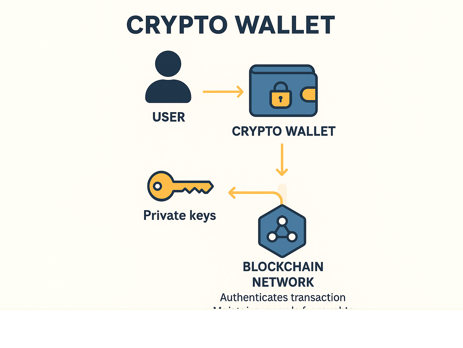 Infographic showing the flow from user to crypto wallet to blockchain network, illustrating how private keys authenticate transactions and how the blockchain maintains the permanent record of ownership - crypto wallet infographic