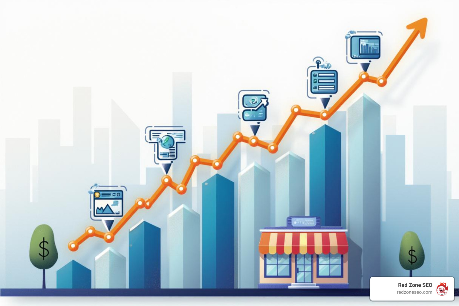 Upward trending graph showing local business growth metrics including increased website traffic, phone calls, and revenue over a 12-month period - local seo packages
