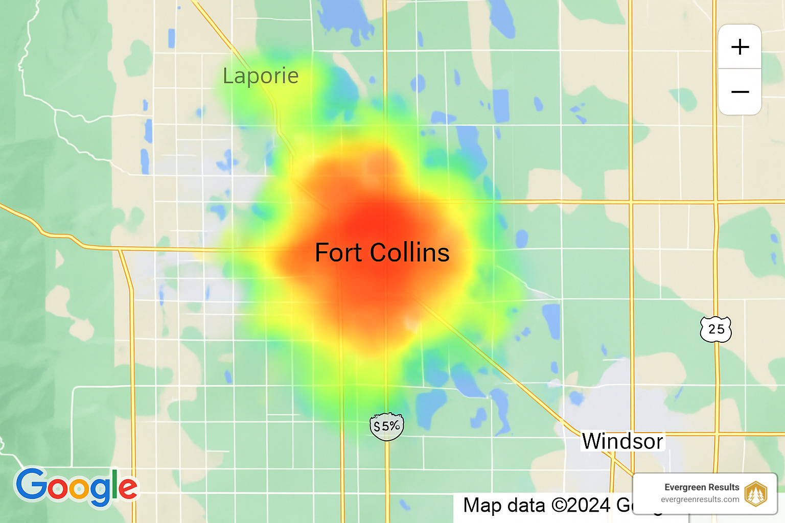 google maps heat map showing Fort Collins search activity - digital marketing fort collins