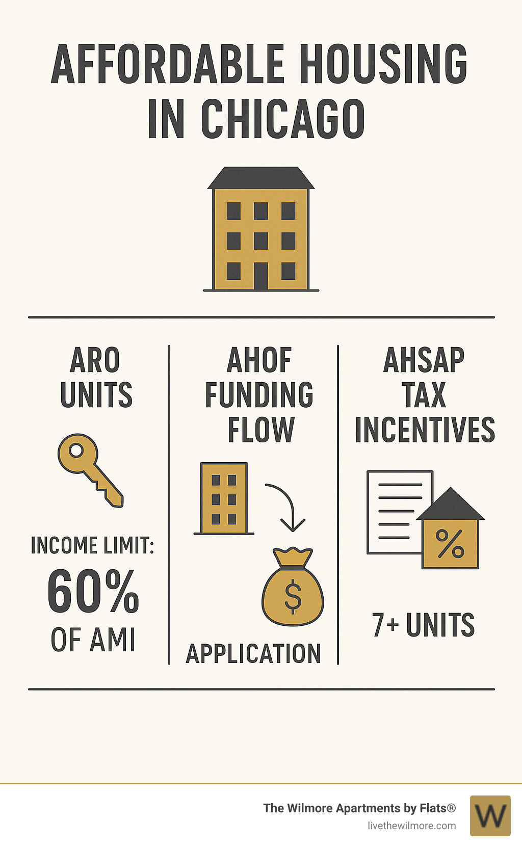 Chicago affordable housing programs showing ARO units, AHOF funding flow, CHA vouchers, and AHSAP tax incentives with income limits and application pathways - affordable housing in chicago il infographic 