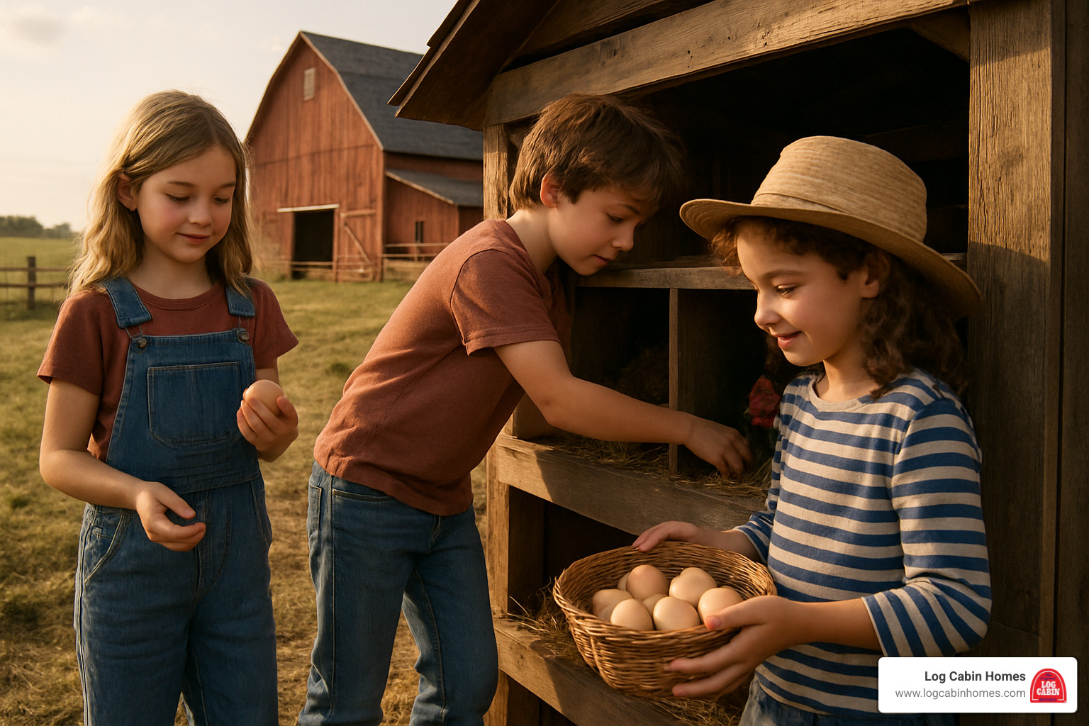 children gathering eggs - family friendly farmhouse