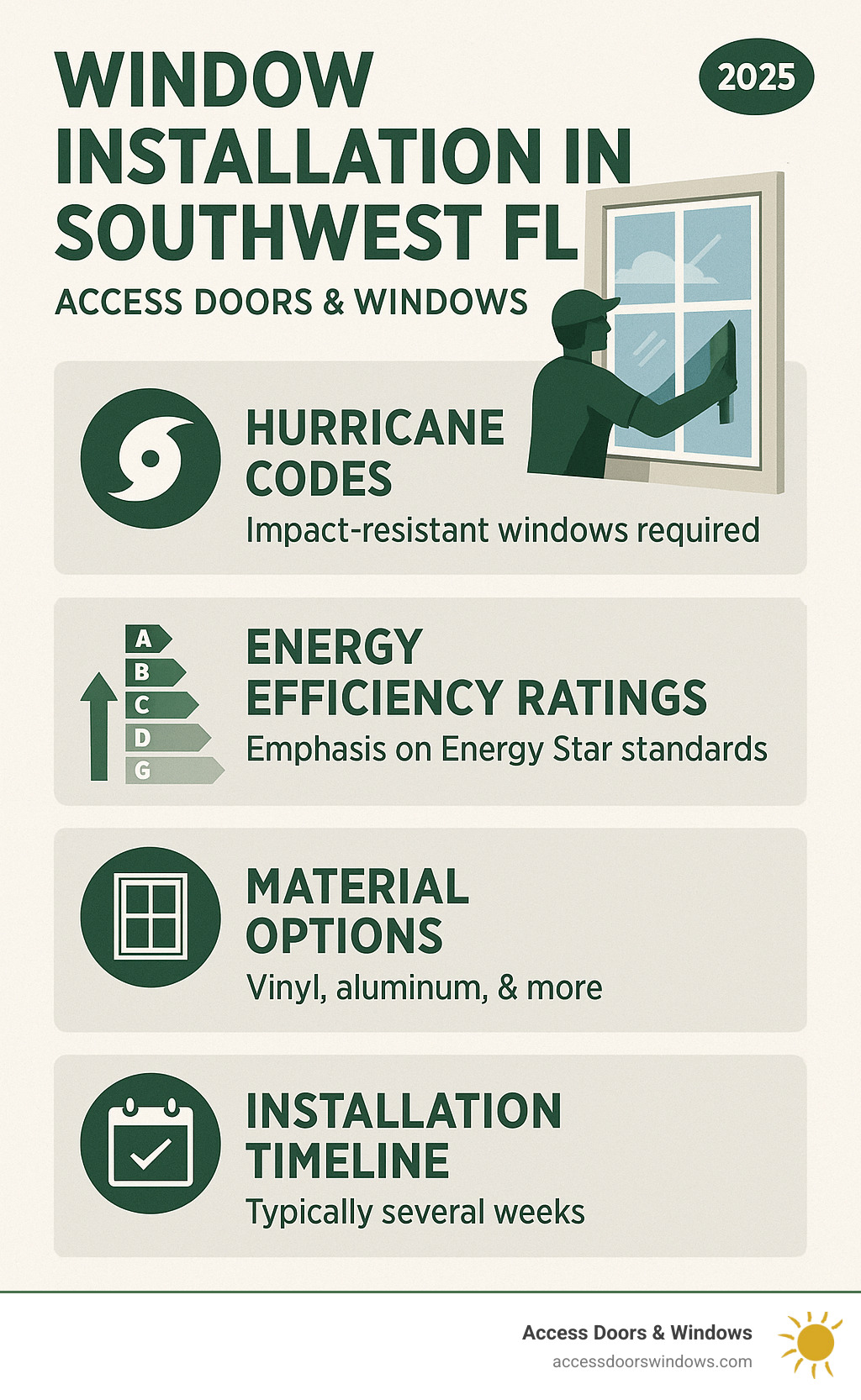 Comprehensive guide to Southwest FL window installation requirements including hurricane codes, energy efficiency ratings, material options, and installation timeline - Window Installation in Southwest FL infographic 