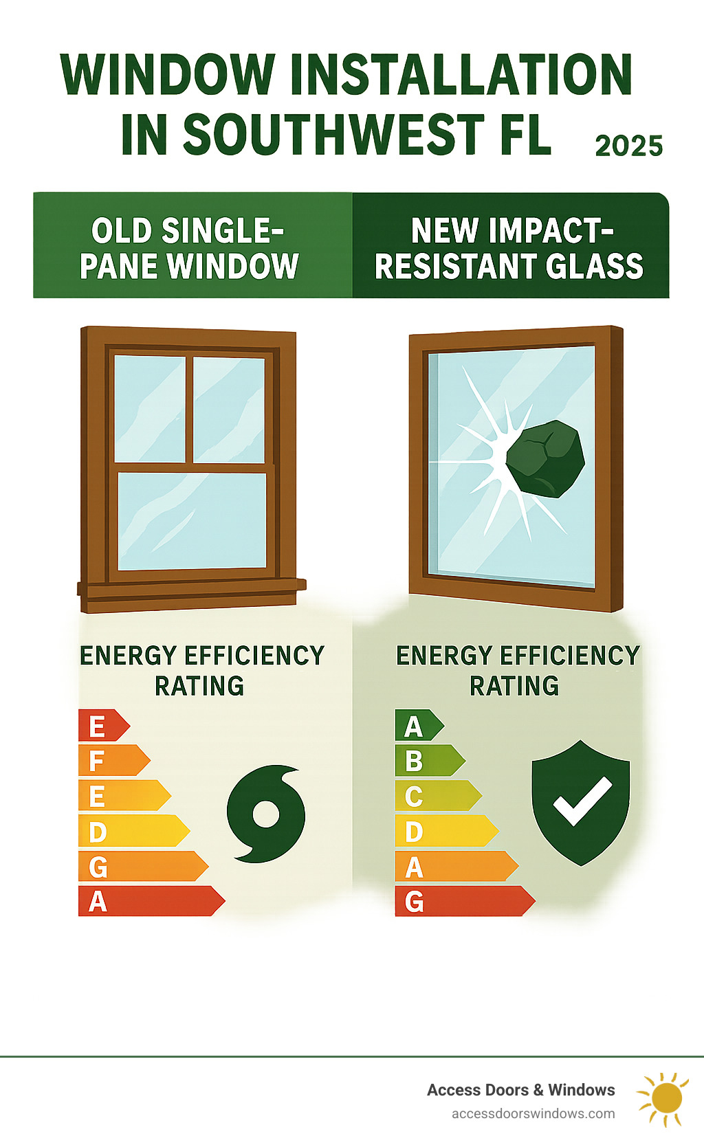 Comparison of old single-pane windows versus new impact-resistant glass showing energy efficiency ratings and hurricane protection features - Window Installation in Southwest FL infographic 