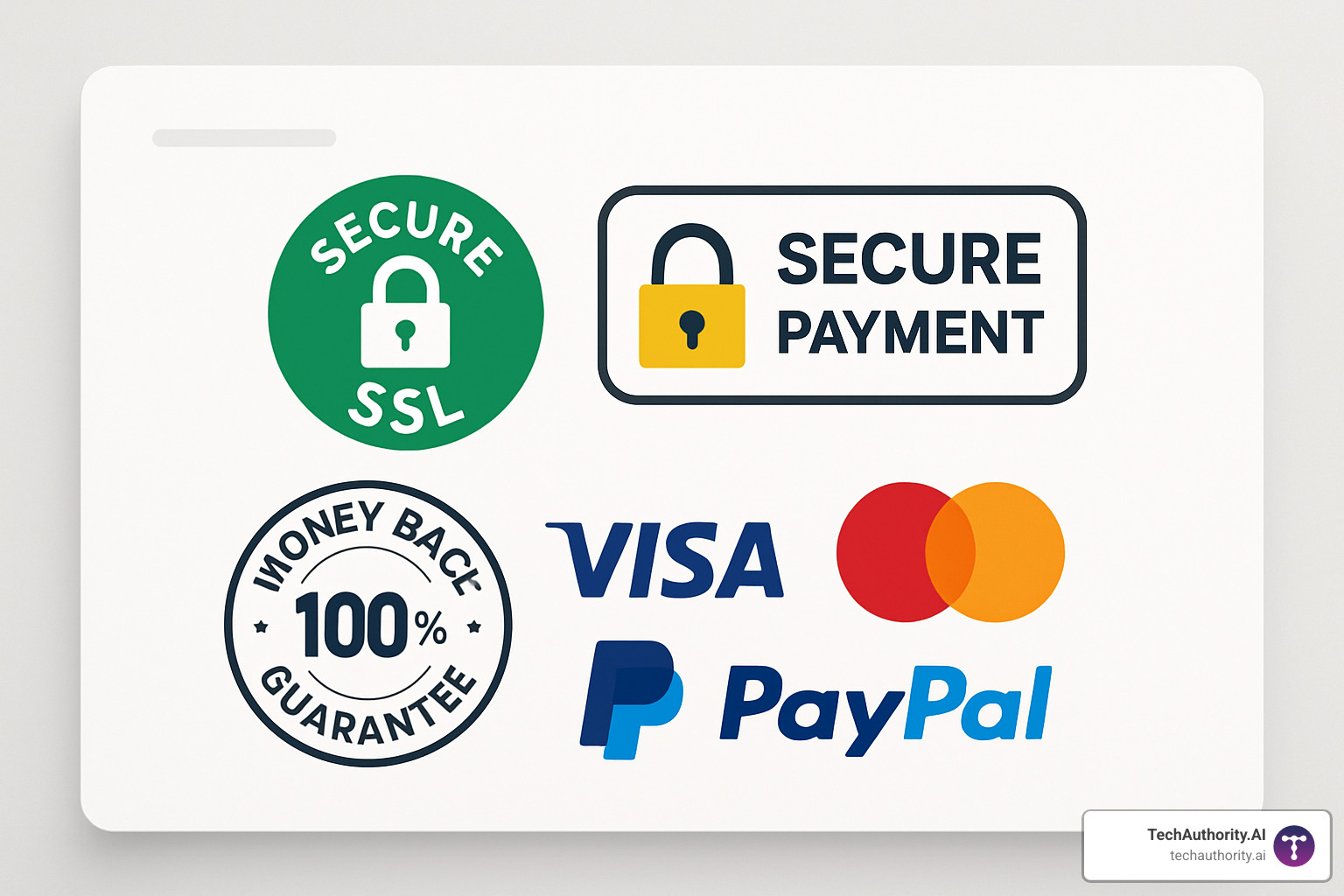 Cluster of trust badges displaying security seals and money-back guarantees