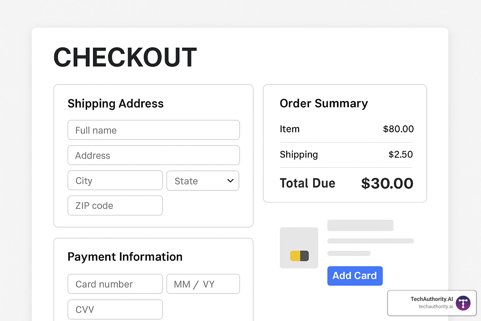 Clean, modern checkout page interface example