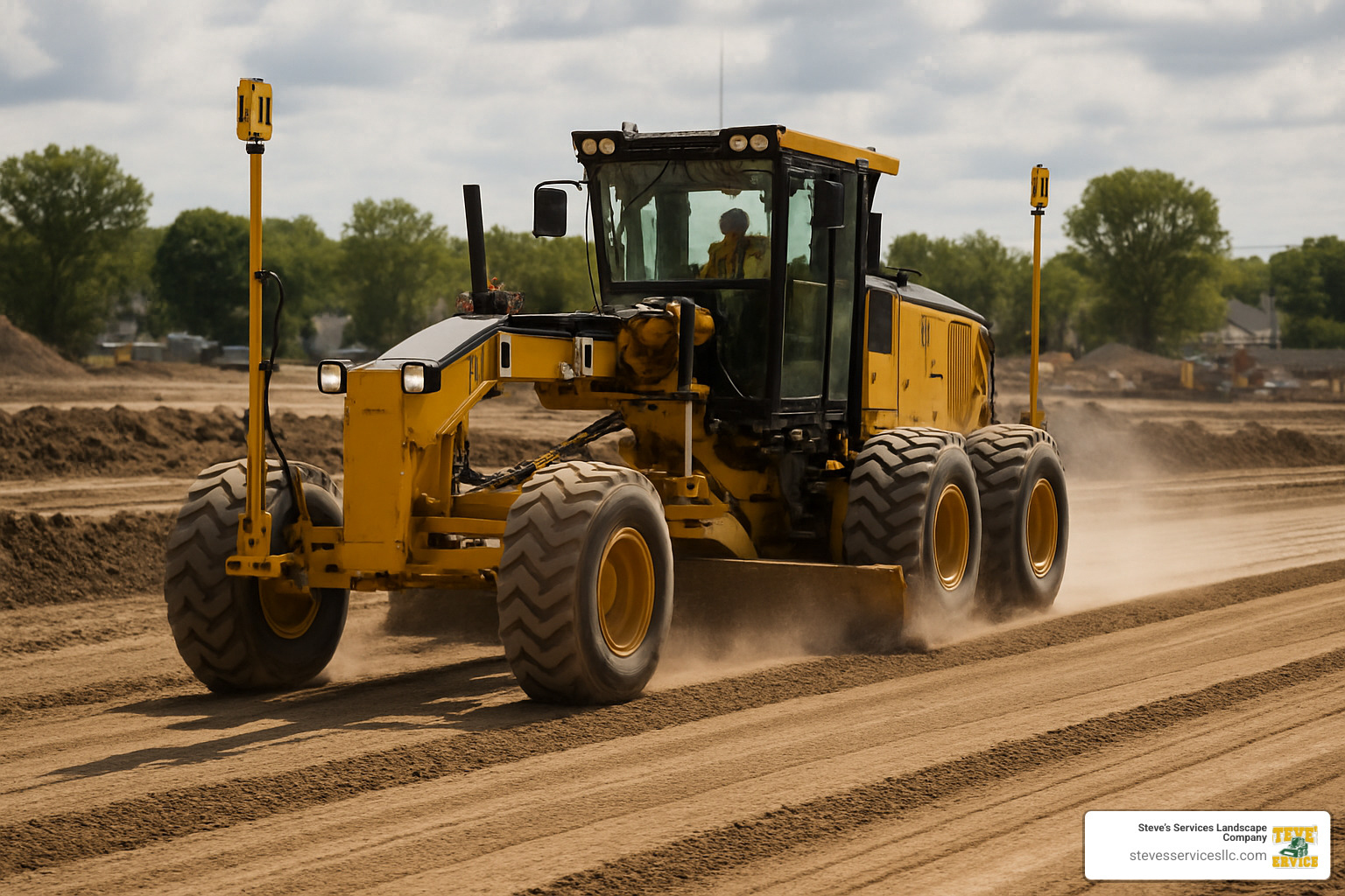 Grader leveling a construction site with laser guidance system, showing the precision required for proper drainage and foundation preparation - Land clearing and grading