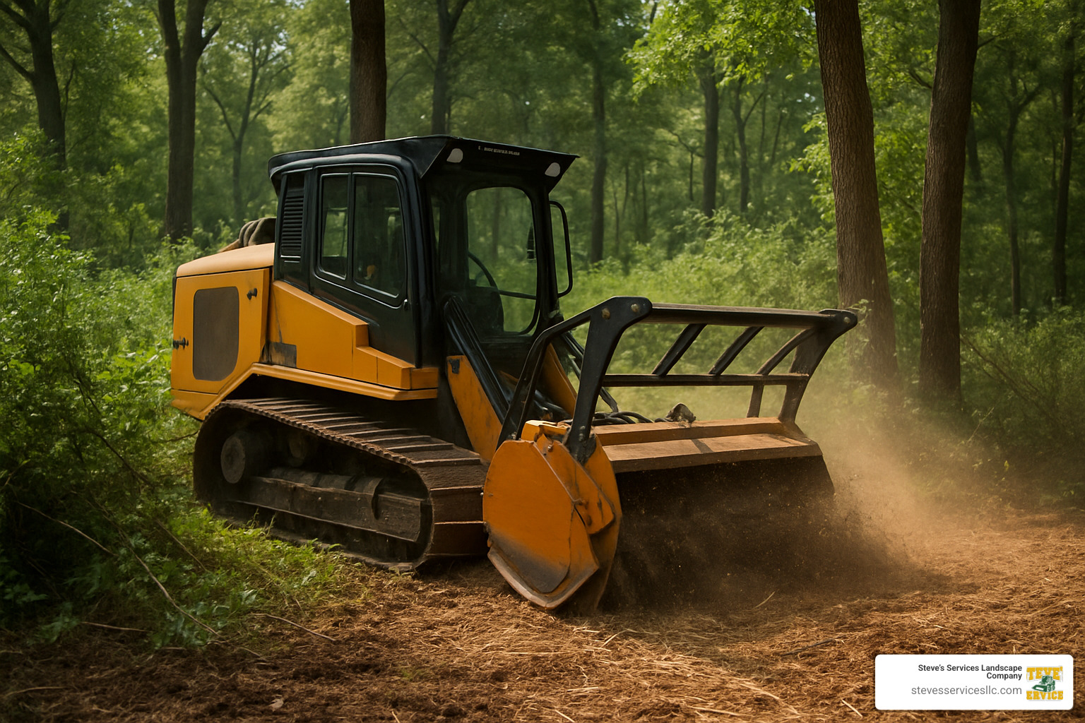 Forestry mulcher in action clearing dense vegetation while leaving beneficial trees and creating organic mulch - Land clearing and grading