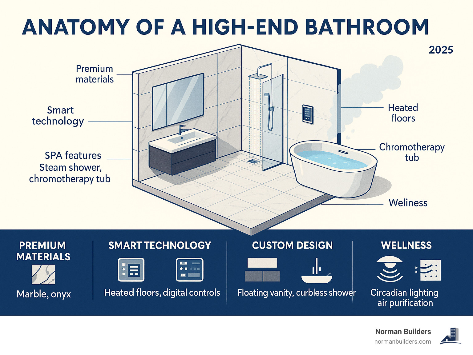 Infographic showing the anatomy of a high-end bathroom including premium materials like marble and onyx, smart technology features such as heated floors and digital controls, spa amenities including steam showers and chromotherapy tubs, custom design elements like floating vanities and curbless showers, and wellness features such as circadian lighting and air purification systems - high end bathrooms infographic 