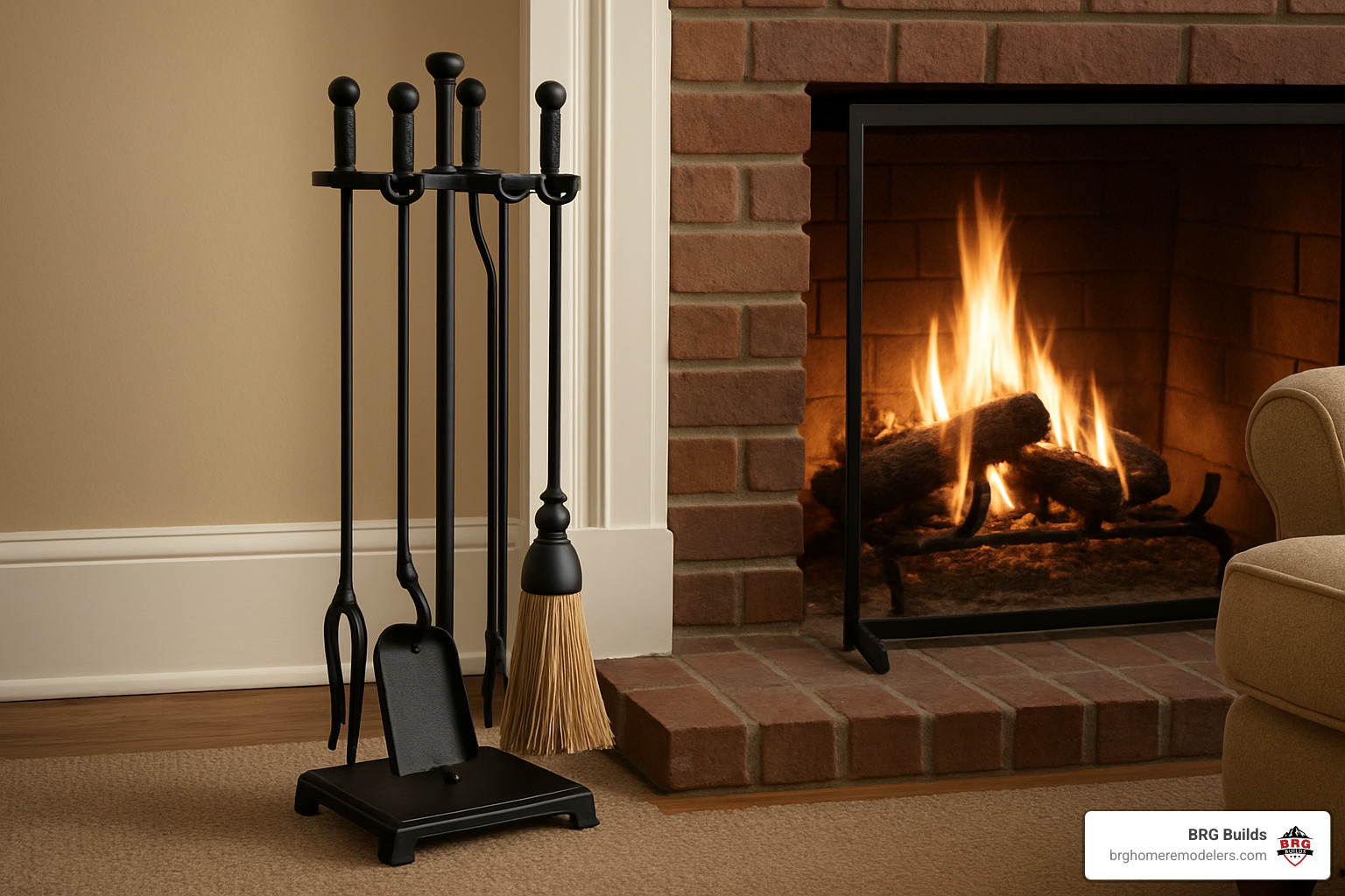Professional 5-piece fireplace tool set with poker, tongs, shovel, broom and stand displayed next to a burning fireplace - fireplace equipment near me Professional 5-piece fireplace tool set with poker, tongs, shovel, broom and stand displayed next to a burning fireplace - fireplace equipment near me