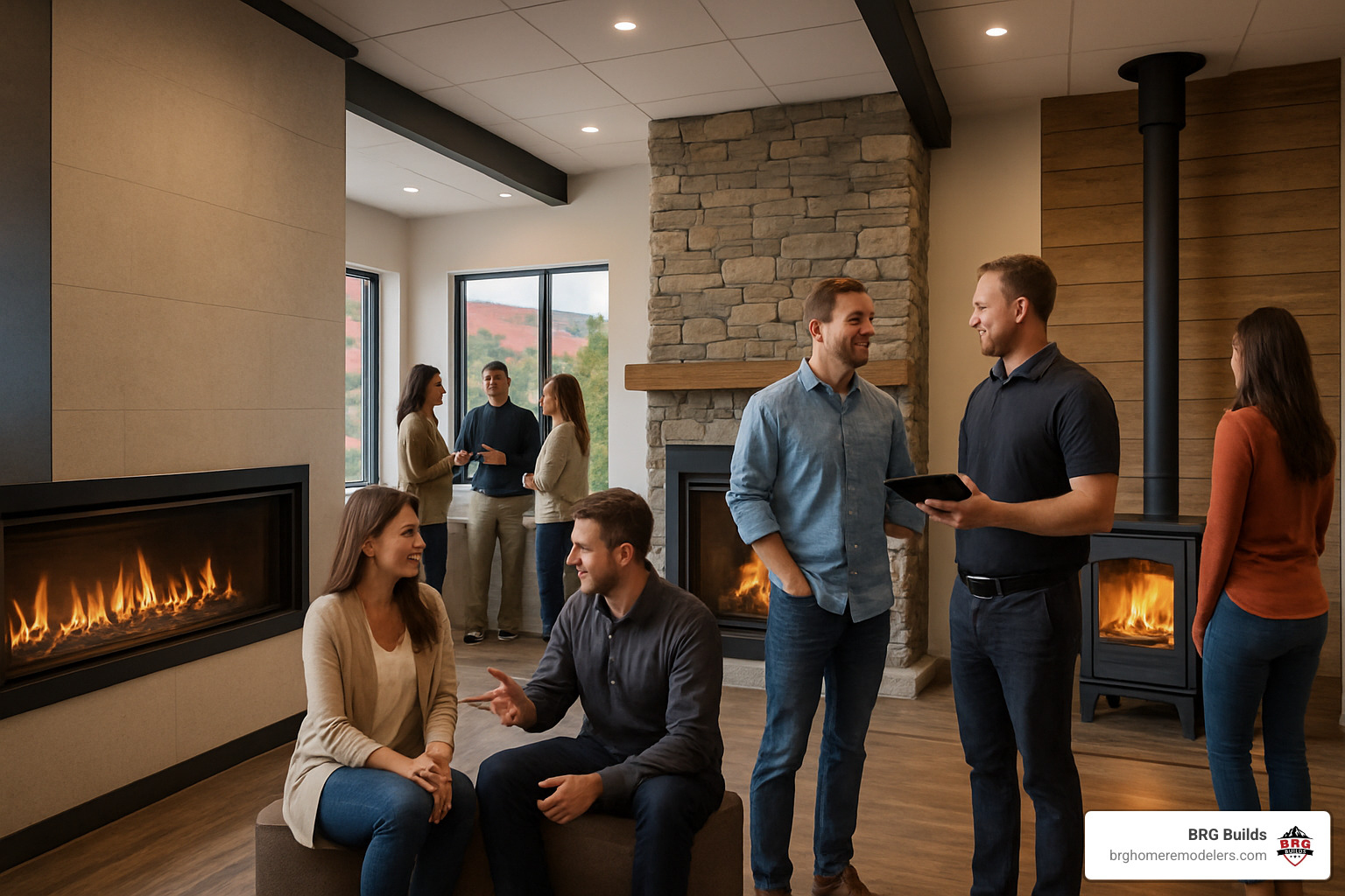 Modern fireplace showroom in Colorado displaying various gas, electric, and wood-burning units with customers consulting with sales staff - fireplace equipment near me Modern fireplace showroom in Colorado displaying various gas, electric, and wood-burning units with customers consulting with sales staff - fireplace equipment near me